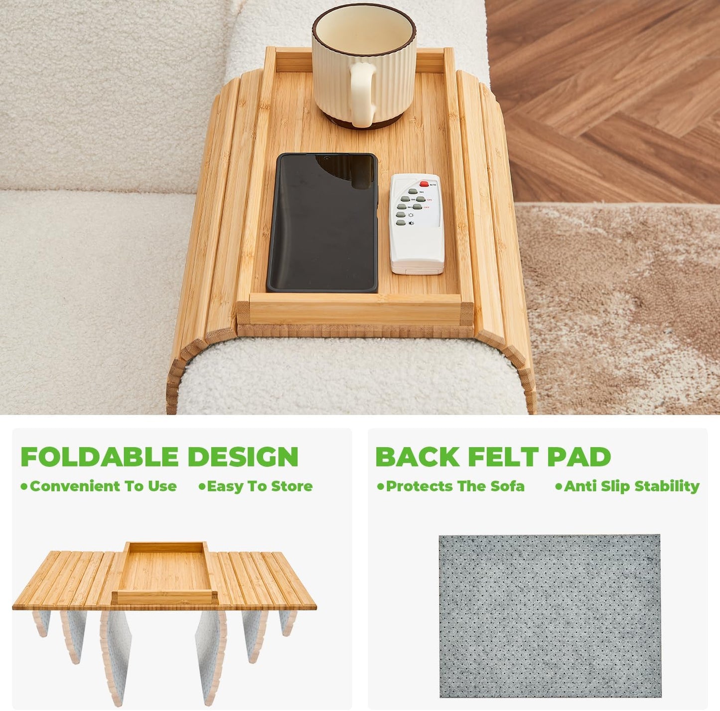 🛋️ Bamboo Sofa Arm Tray - Anti Falling Couch Arm Tray Table