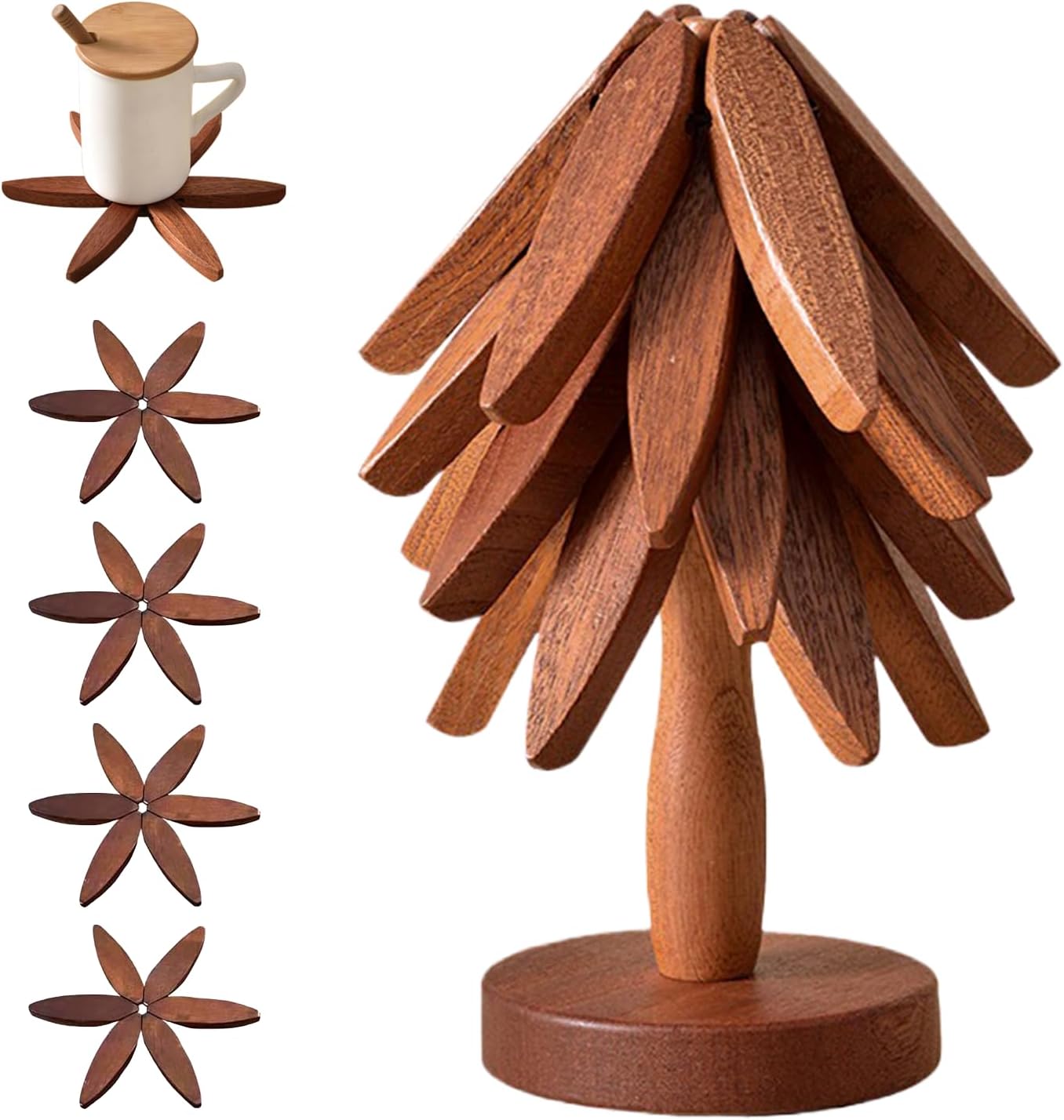 🎁✨Natural Tree Trivet Set - 4 bamoo Trivets & 1 Stand Like a Christmas Tree