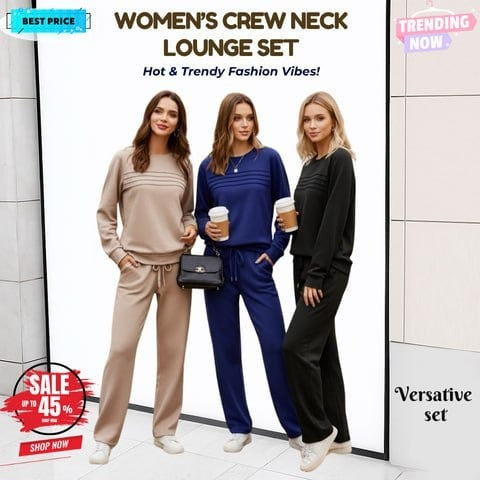 🔥LAST DAY 45% OFF✨Women’s Crew Neck Lounge Set - Soft Cotton Top & Drawstring Pants