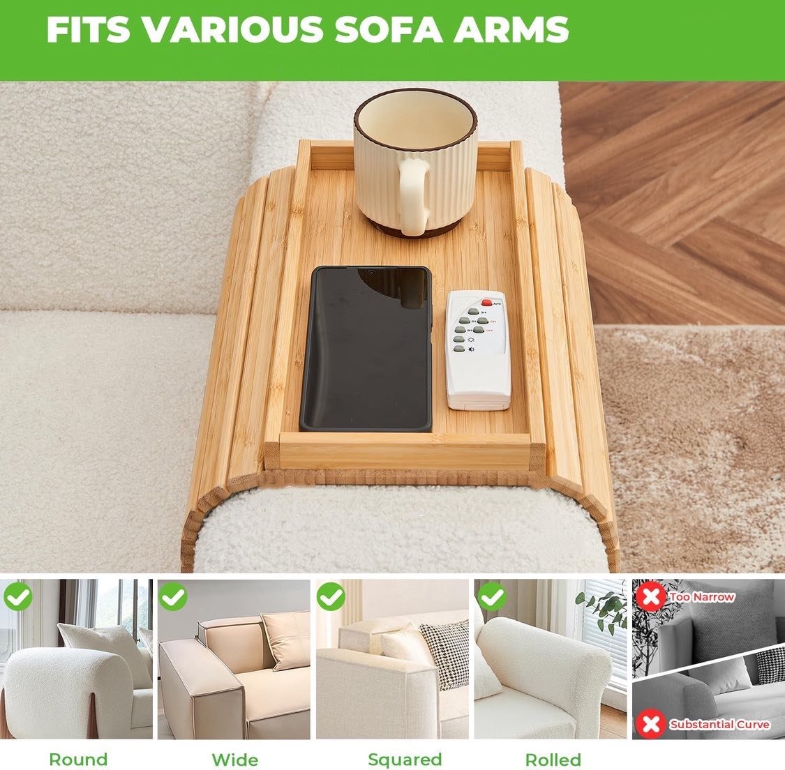 🛋️ Bamboo Sofa Arm Tray - Anti Falling Couch Arm Tray Table